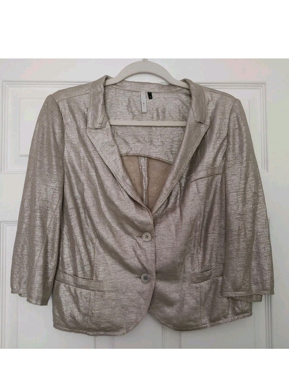 Iisli Cropped Shimmer Blazer Jacket 100% Linen Slits Silver Gold Buttons Size 10
